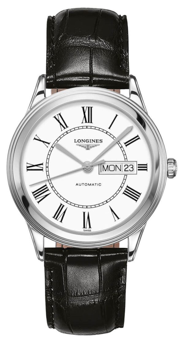 Longines Flagship Automatic Stainless Steel White Dial Black Leather Strap Day Date Mens Watch L4.899.4.21.2 Online Hot Sale