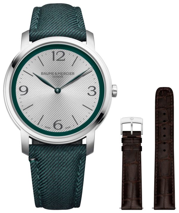 Baume & Mercier Classima Stainless Steel Silver Dial Green Fabric Interchangeable Brown Leather Strap Quartz Mens Watch M0A10705 Online