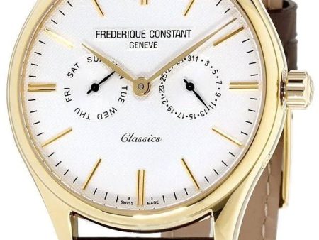 Frederique Constant Classics Gold Plated Steel Silver Dial Brown Leather Strap Day Date Quartz Mens Watch FC-259ST5B5 Fashion