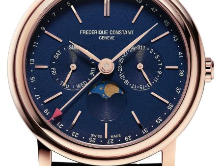 Frederique Constant Classics Index Business Timer Rose Gold Plated Blue Dial Blue Leather Strap Moonphase Day Date Week Quartz Mens Watch FC-270N4P4 Sale