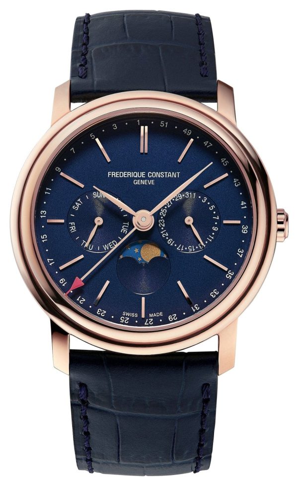 Frederique Constant Classics Index Business Timer Rose Gold Plated Blue Dial Blue Leather Strap Moonphase Day Date Week Quartz Mens Watch FC-270N4P4 Sale