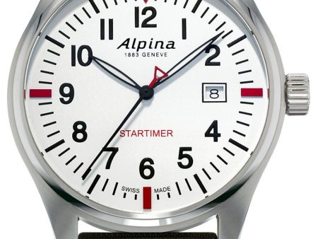 Alpina Startimer Pilot Stainless Steel Green Nylon Strap White Dial Quartz Date Mens Watch AL-240S4S6 Sale