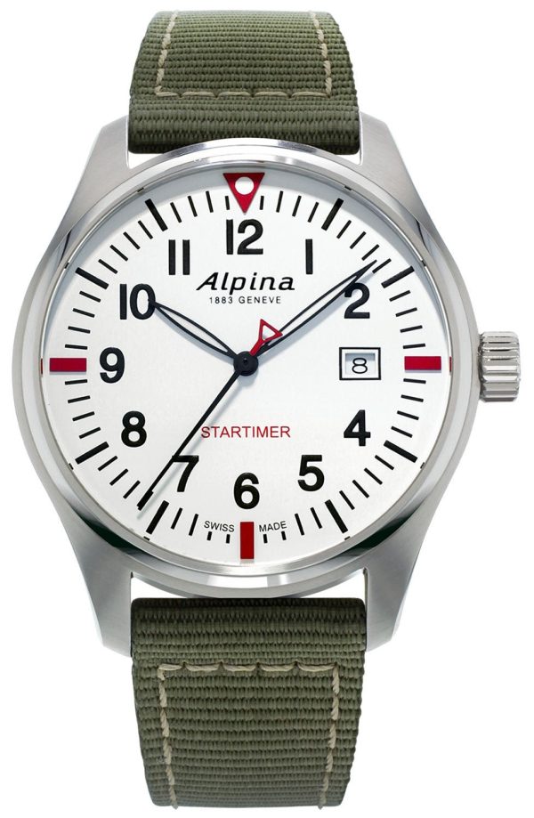 Alpina Startimer Pilot Stainless Steel Green Nylon Strap White Dial Quartz Date Mens Watch AL-240S4S6 Sale