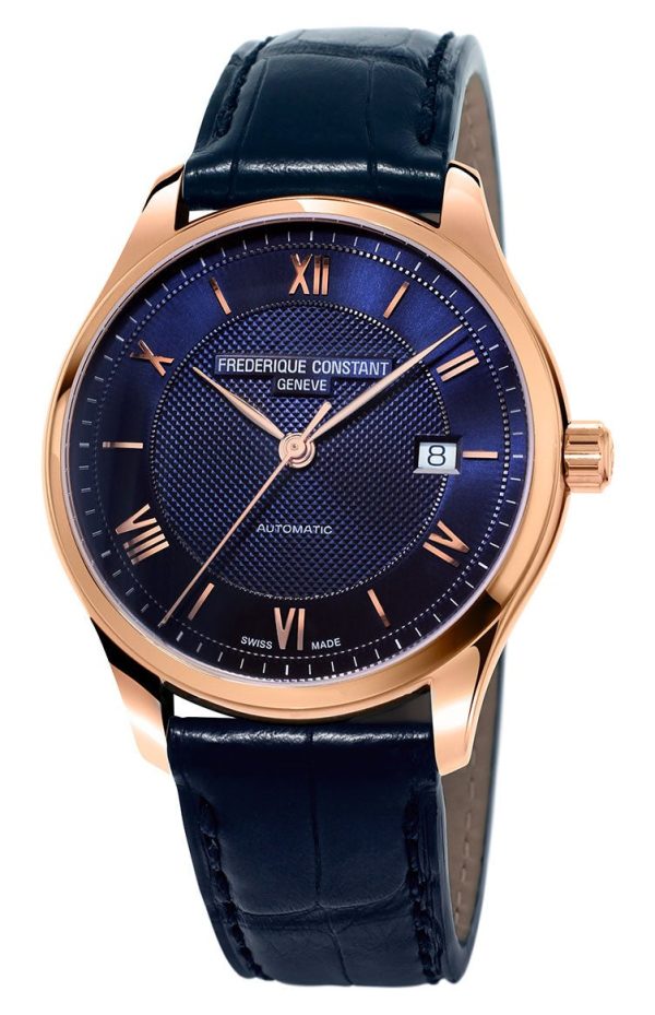 Frederique Constant Classics Index Automatic Rose Gold Tone Steel Blue Dial Date Blue Leather Strap Mens Watch FC-303MN5B4 For Discount