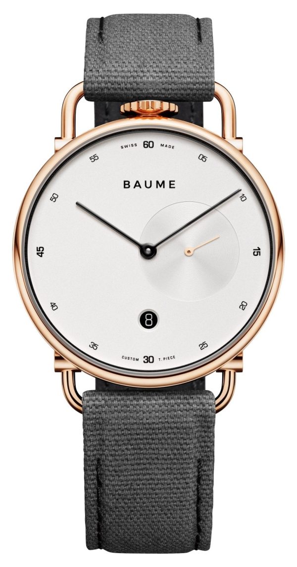 Baume & Mercier Baume Rose Gold PVD Silver Dial Gray Cotton Strap Date Quartz Mens Watch M0A10600 Online Sale